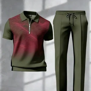 Mens Casual Shirt And Pants Set With Wave Pattern Zipper Collar