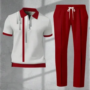 Mens Casual Shirt And Pants Set Red White Streetwear Outfit