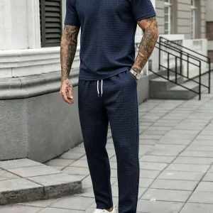Mens Casual Textured Shirt And Pants Two Piece Set